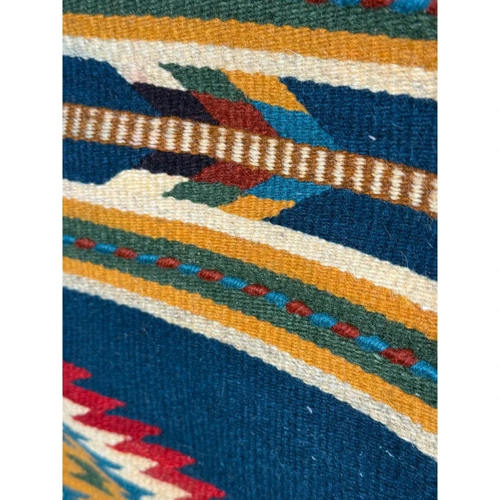 Vintage Zapotec Mexican Wool Tapestry Runner Blue Southwestern 100% Lana
